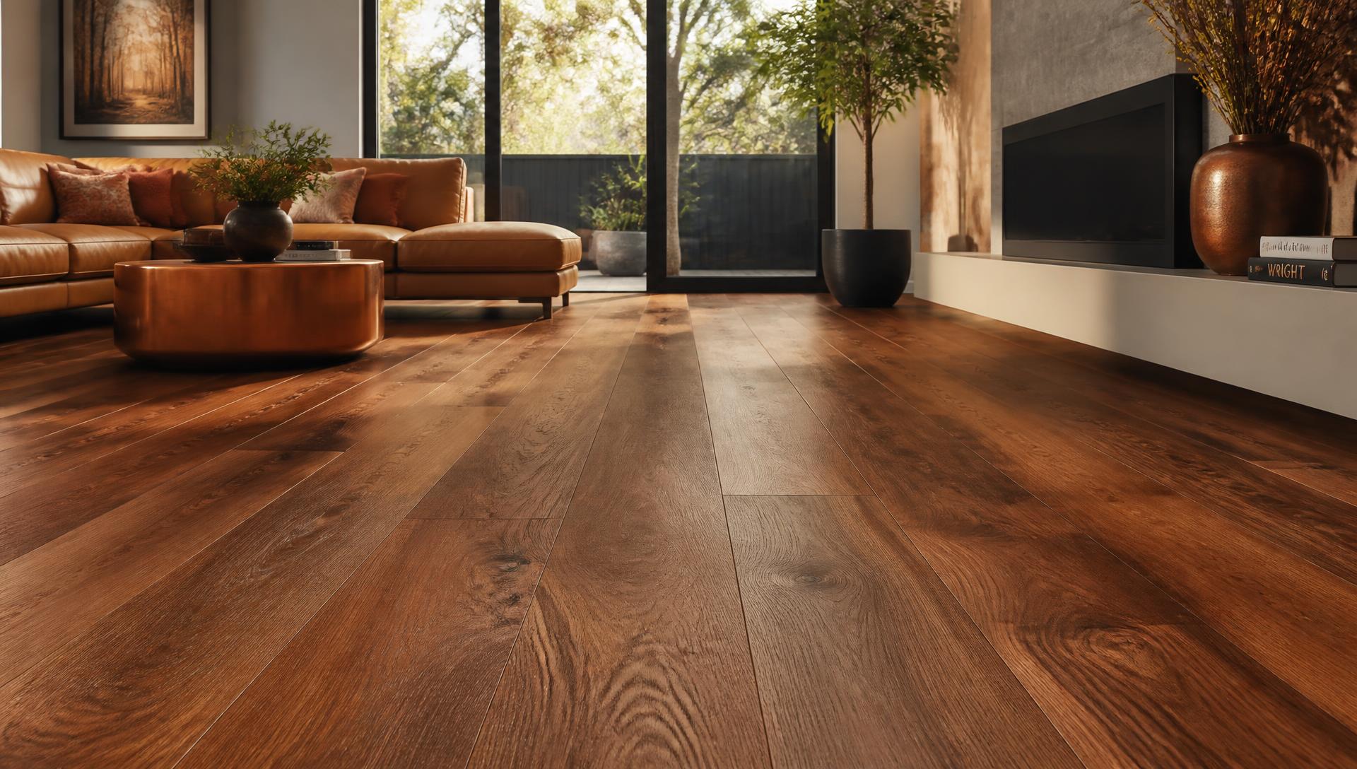Wide-plank walnut hardwood flooring in a sunlit living room