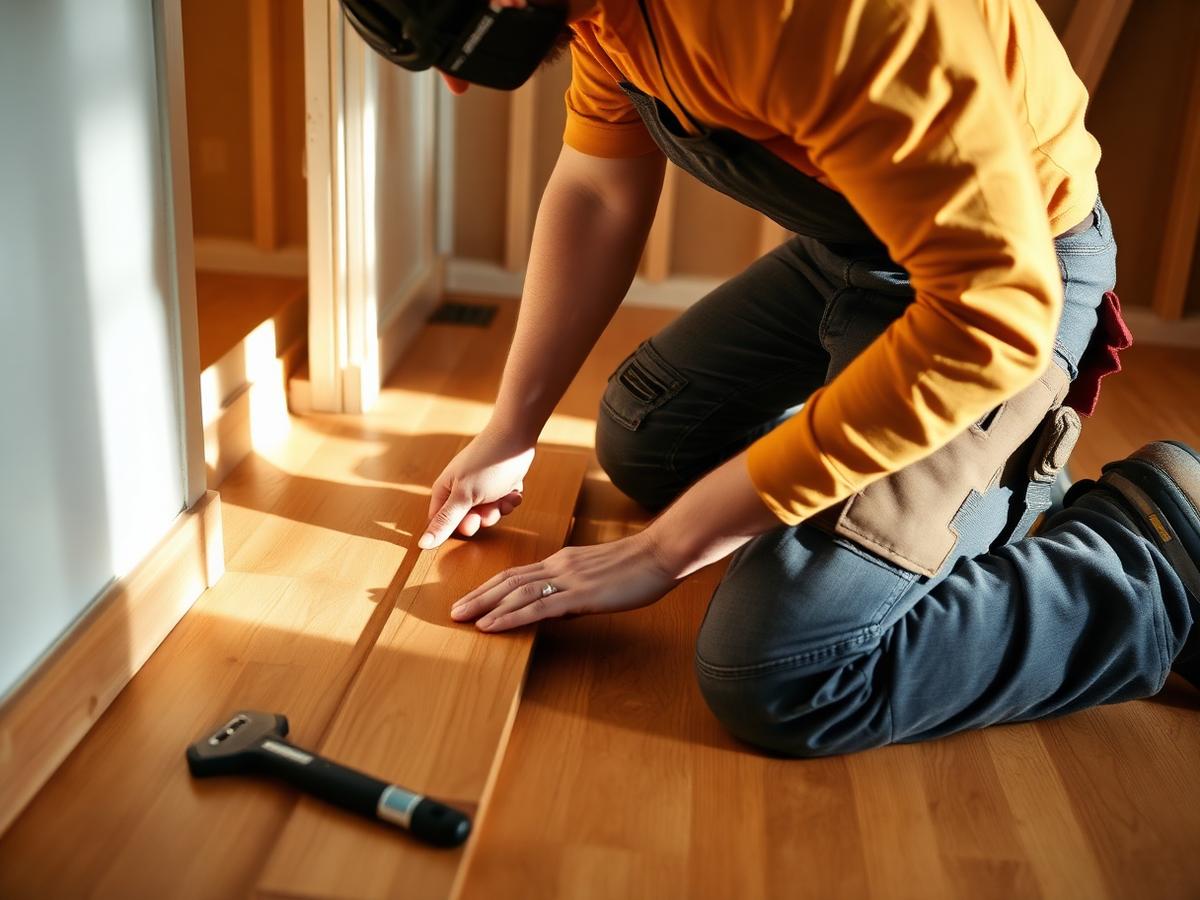 Installer fitting a hardwood plank during a renovation